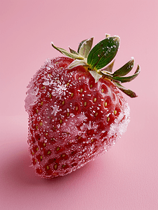 粉红色背景中带有冰晶的冷冻草莓