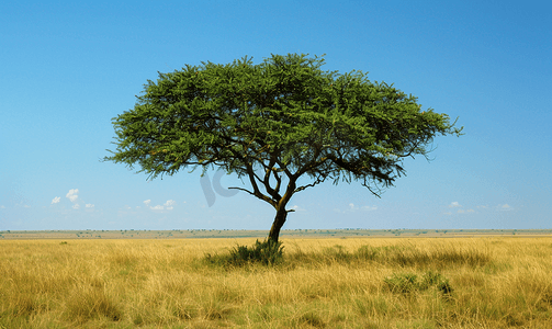 夏季叶子摄影照片_非洲大草原上的一棵金合欢树提供了一些阴凉