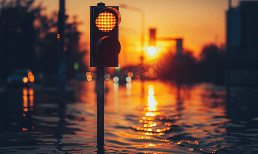 日落时街道上红绿灯的轮廓被淹没