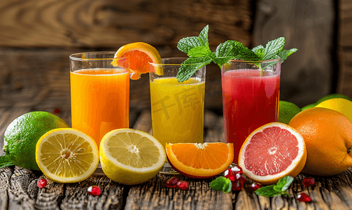 玻璃风格摄影照片_木桌上乡村风格的果汁和柑橘类水果杯