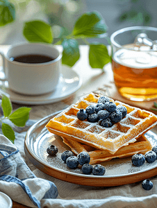 蓝莓糕点摄影照片_健康早餐比利时华夫饼配蓝莓糖粉和木桌上的茶