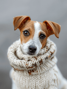 保暖棉拖摄影照片_杰克罗素梗犬在羊毛毛衣下保暖宠物护理概念