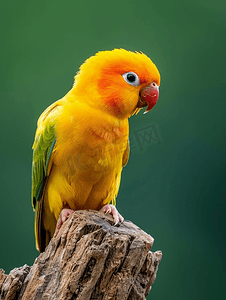 千库绿色摄影照片_黄色爱情鸟栖息在木头上具有绿色自然背景概念是可爱的宠物鸟