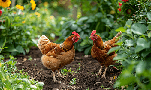 红色婚礼迎宾牌摄影照片_鸡在花园里昂首阔步、啄食