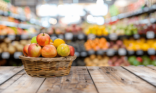空木桌面篮子超市杂货店背景中水果模糊