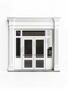 白色现代双玻璃门窗框前店孤立在白色背景上