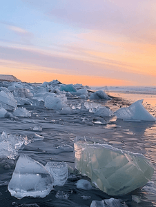 冰岛南部融化的冰川泻湖和冰山