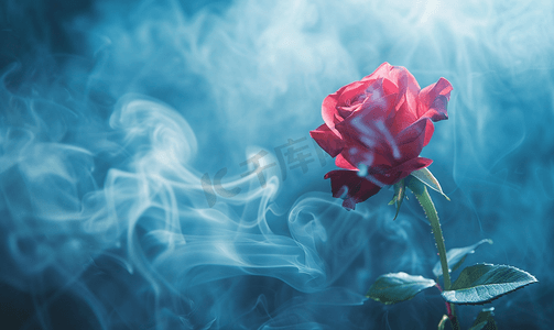 蓝色烟雾和蓝色背景上一朵美丽的红玫瑰