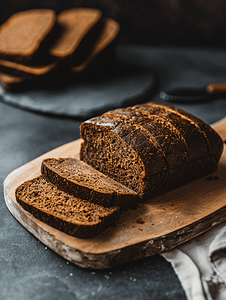 深色餐桌背景摄影照片_厨房板上的切片黑面包黑色背景中的面包健康食品