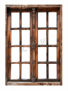 边框复古风格摄影照片_白色背景下隔离的真正复古木玻璃门窗框