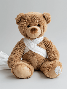 白底展板摄影照片_受伤的泰迪熊白底带绷受伤的泰迪熊带绷