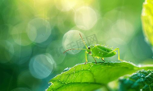 昆虫叶子摄影照片_绿树虫栖息在叶子上