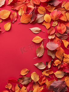 标题半圈摄影照片_红纸背景上美丽明亮的秋叶带复制空间