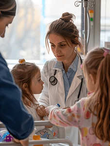 儿童医疗海报摄影照片_保健 儿童医疗女医生给住院的小女孩吃药水