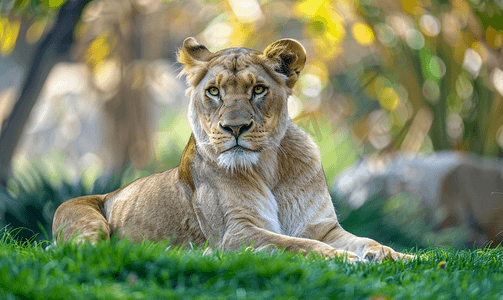 豹狮子座母狮坐在草地上休息墨西哥瓜达拉哈拉动物园