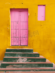 成功门摄影照片_带粉色门和绿色楼梯的黄色墙壁的全画幅视图