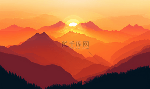 山景与山的轮廓和夕阳的黄金时刻