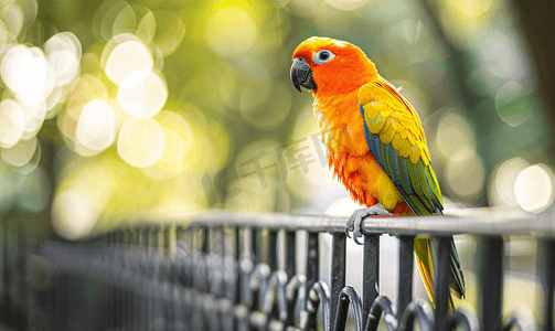羽毛红色摄影照片_太阳锥尾鹦鹉栖息在篱笆上