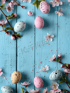 蓝色木质背景的顶部景色配有复活节蛋糕彩色鸡蛋和春天的花朵