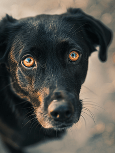 一只悲伤的黑狗的肖像专注于棕色的眼睛动物收容所的概念