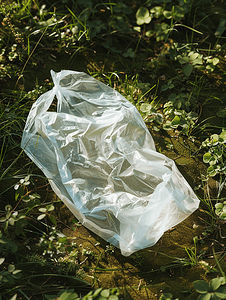 污染塑料袋摄影照片_一个塑料袋扔在花园里