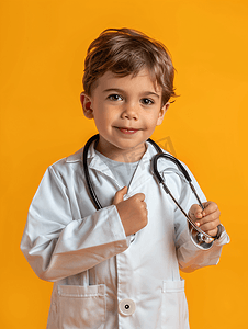 药店图片摄影照片_实际游戏身着医疗制服的小男孩玩听诊器橙色全景背