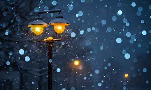 风雪同行摄影照片_光与雪暴风雪中黑暗中的灯带两盏灯的灯杆