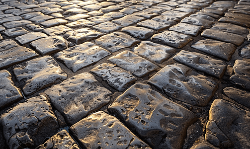 详细特写古老的历史鹅卵石道路和人行道
