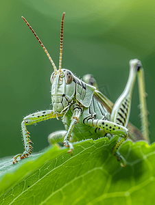 昆虫害虫摄影照片_绿叶昆虫动物上的白色带状蚱蜢