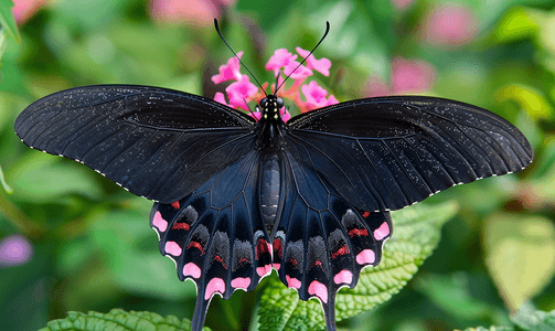 花园里翅膀上有粉红色的黑蝴蝶
