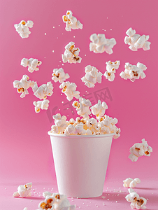 看电影概念的小吃甜爆米花从粉红色背景的纸杯中飘出