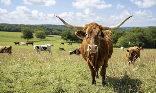 牛红色摄影照片_宾夕法尼亚州兰开斯特县的长角牛农场