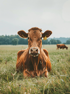 牛牧场摄影照片_农场围场里的一对珍贵的棕色奶牛