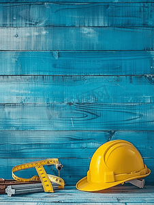 工业文件摄影照片_蓝色木质背景上的施工图安全帽和卷尺