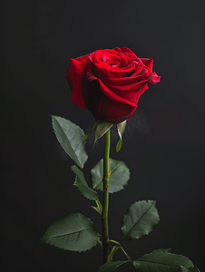 飘舞的玫瑰摄影照片_一朵非常美丽的红玫瑰黑色背景上有茎和叶