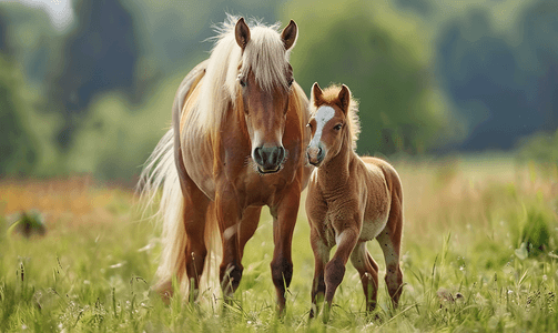 迷你母马和她的新小马驹在草场上