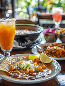 西餐饭桌食物摄影照片_墨西哥餐厅的食物和饮料典型的墨西哥菜肴