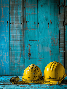 蓝色木质背景上的施工图安全帽和卷尺