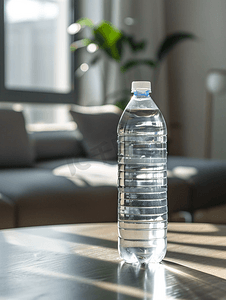 关闭客厅桌子上瓶子里纯净的新鲜饮用水