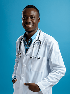 身穿大衣和听诊器的非洲帅哥医生在蓝色背景上微笑