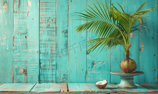 老蓝色木头上的椰子树苗