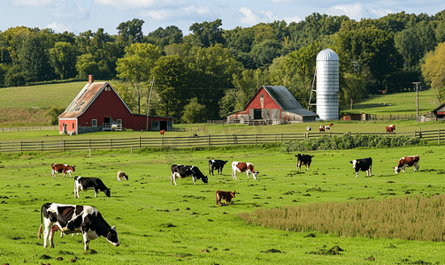 斑点蓝色摄影照片_阿米什农场田野里有斑点奶牛和牛