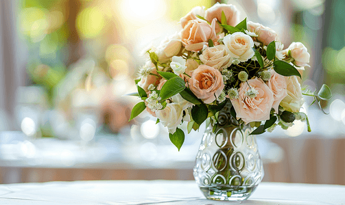 精美玫瑰花束摄影照片_新娘的精致新娘花束摆放在节日宴会桌上的玻璃花瓶中