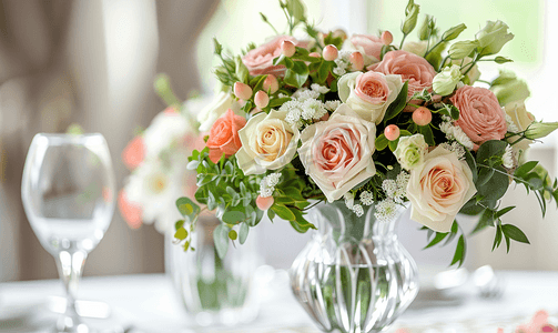 新娘的精致新娘花束摆放在节日宴会桌上的玻璃花瓶中