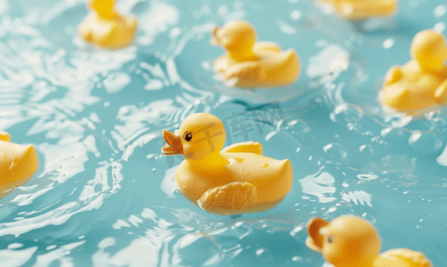 鸭子黄色摄影照片_黄色塑料鸭子在水里游泳