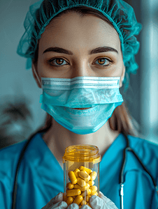 胶囊图国潮摄影照片_医疗保健医疗轻的女医生与罐胶囊