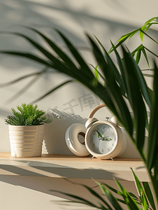 架子上的无线耳机带闹钟和室内植物