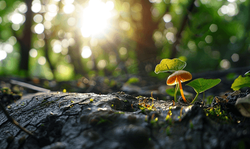 森林中树根处有光点的花丝小蘑菇