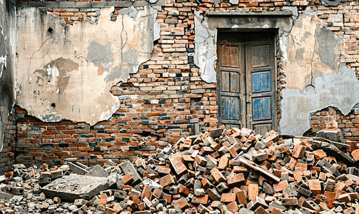 被拆除建筑的残骸是一堆砖块和一堵带门的墙
