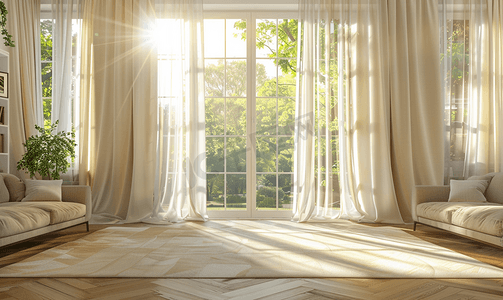 元旦房子摄影照片_阳光明媚的日子里客厅窗帘窗室内装饰